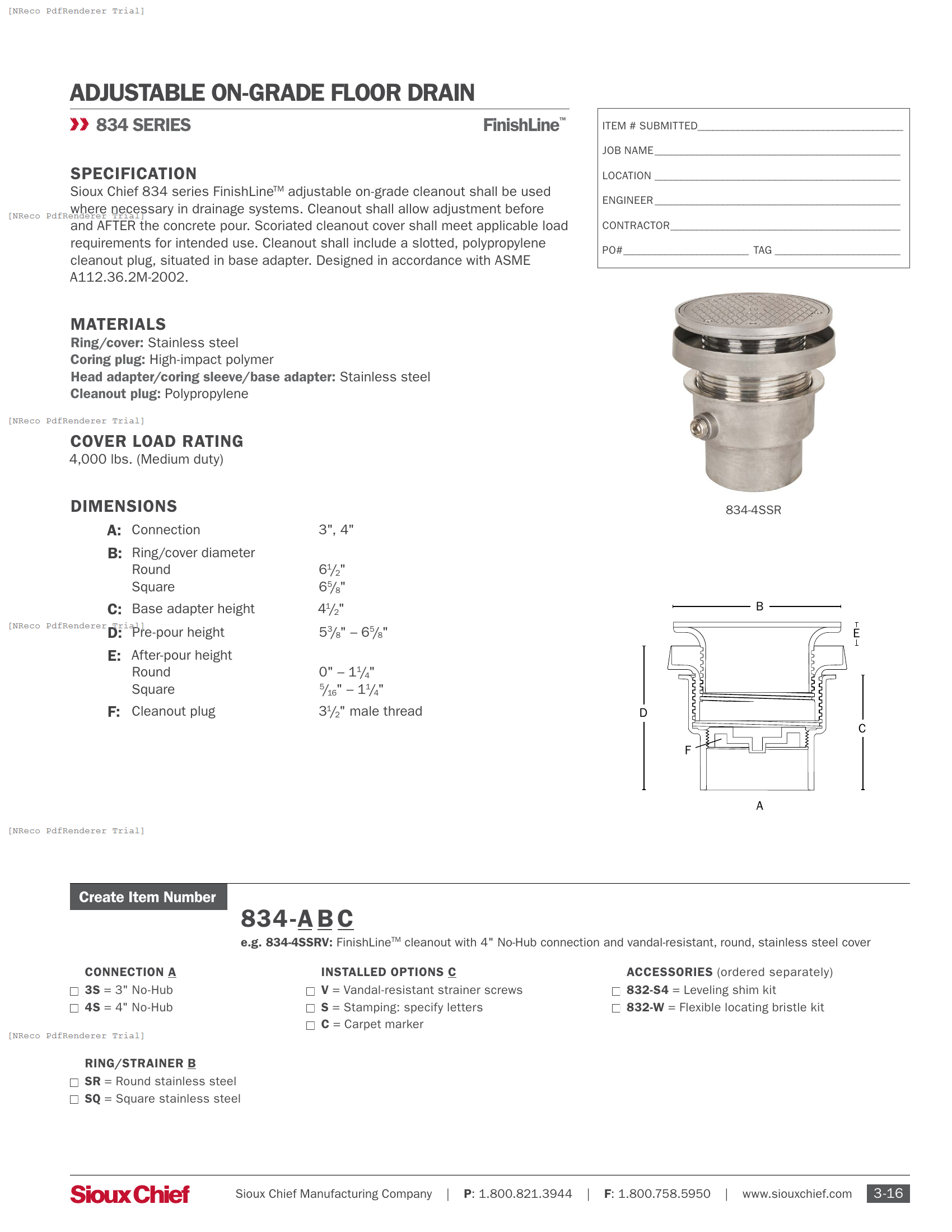 834 SERIES - FINISHLINE ADJUSTABLE CLEANOUT STAINLESS STEEL - SPEC SHEET.PDF Specification Document